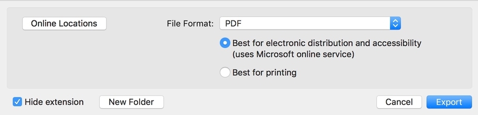 PDF options in the Save window in Microsoft Word